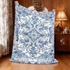 Blue and White Floral Symmetrical Pattern Flannel Blanket In BlueandWhite Porcelain Style, Lightweight Hanging Design with Wrink