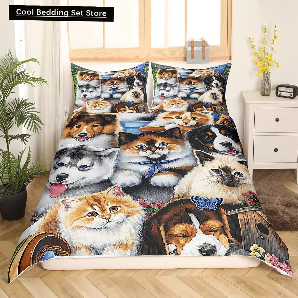 Cute Cat King Queen Duvet Cover Kitten Bedding Set Purple Floral Butterflies Polyester Quilt Cover Pet Animal Comforter Cover