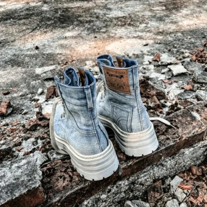 Round Toe With Laces Cowboy Women's Ankle Boots Denim Cowgirl Booties Lace-up Comfortable and Elegant Sale Pu Female Short Shoes