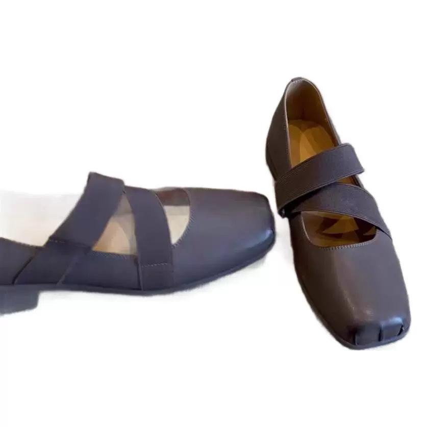 Sheepskin version~ Retro square head pig nose Mary Jane shoes women's cross strap light mouth thick heel ballet shoes commuter shoes