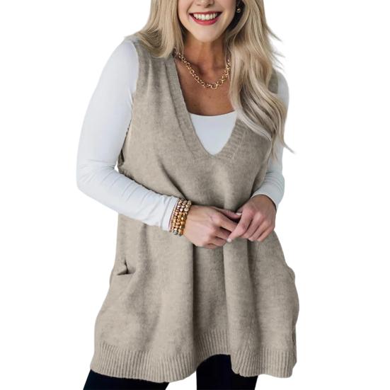 

Женский свитер-жилет с V-образным вырезом, без рукавов, с карманами, средней длины, трикотажные топы, однотонные, осень-зима, повседневный трикотаж XL абрикосовый
