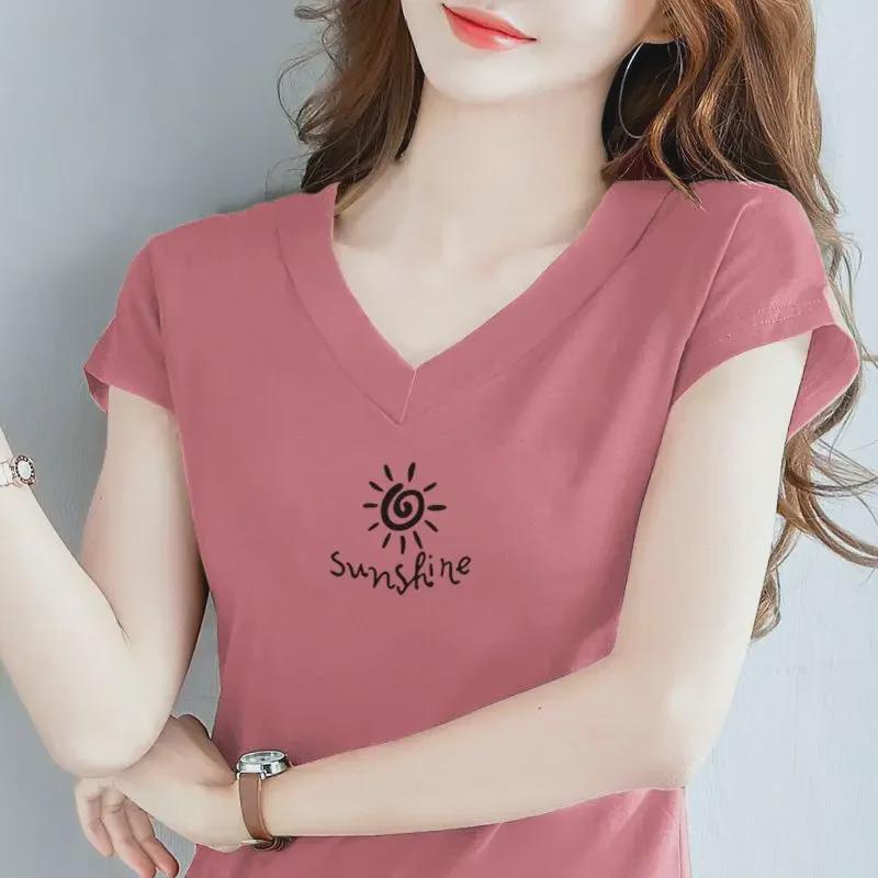 Damen 2024 V-Ausschnitt Lockeres Kurzarm-T-Shirt aus reiner Baumwolle - Sommeroberteil in Übergröße