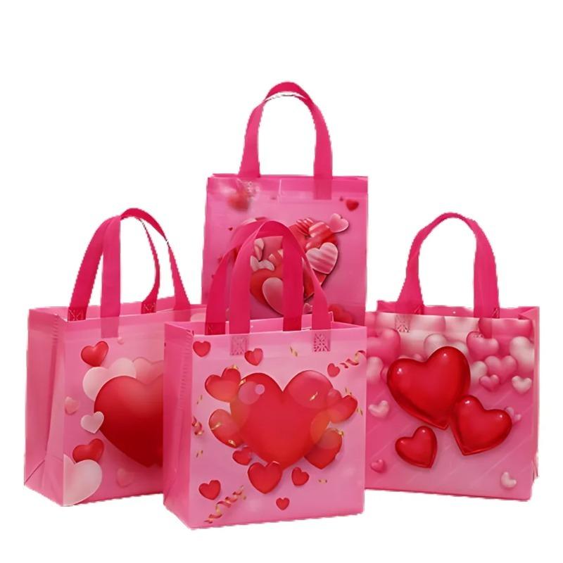 12-24PCS Reusable Valentines Gift Bag Non Woven Fabric Pink Heart  Handle Tote Foldable for Party Wedding Birthday Packaging