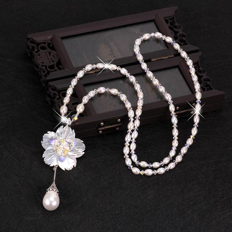 Pearl Necklace For Women Long Floral Pendant With Shell Material For Fashion Jewelry