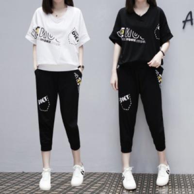 Costume Mode Fat Mm pour Femme Été Décontracté Sport Large Taille Style Étranger Lâche Manches Courtes Ensemble Deux Pièces
