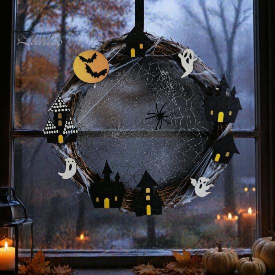 Front Porch Decoration Halloween Spider Web Wreath, Spooky Vine Branch Wreath with Ghost Castle Bat Cabin Party Props for Door, Farmhouse, Indoor,