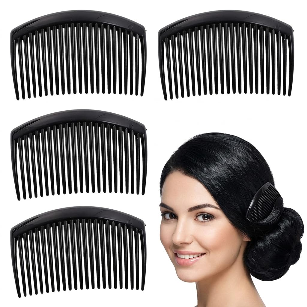 DazzleDiva Black Hair Side Combs, 4-Pack Durable Plastic Clips for Styling Updos Pack of 4