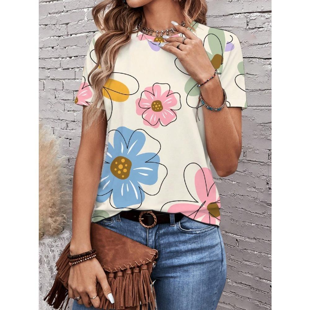 Camiseta de Mujer de Moda con Cuello Redondo y Manga Corta, Estampado Digital 3D con Patrón Floral Personalizado