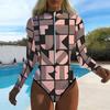 Women Long Sleeve One Piece Swimsuit Zip Front  Geometric Color Collision  Print Rash Guard Surfing Bathing Suit