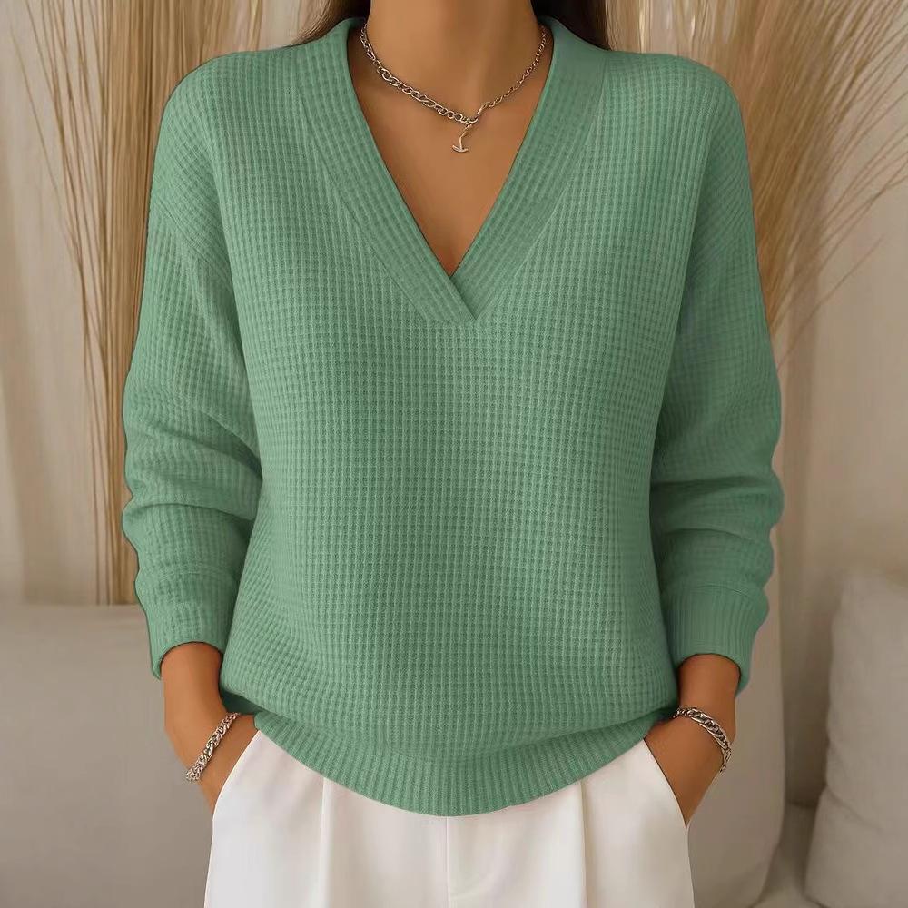Autumn New Women's Casual Loose Fashion Solid Color Waffle Long-sleeved Pullover Top