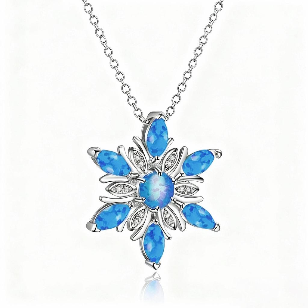 Snowflake Pendant Necklace - Imitation Opal Fashion Accessory for Christmas Parties
