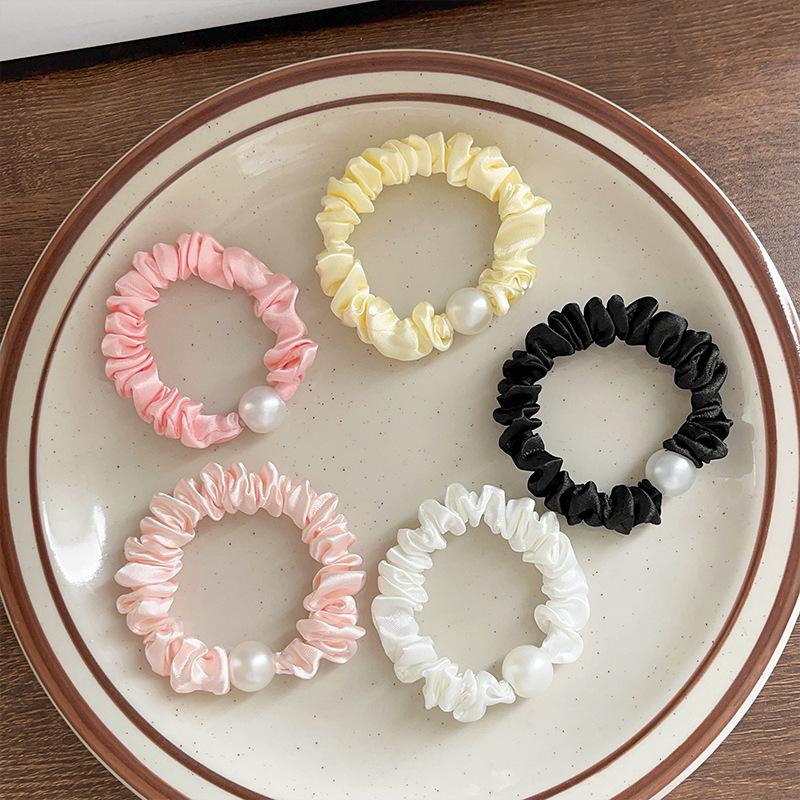 Small Intestine Hair Band Satin Fabric Pearl Headband Daily Hair Rope Tie Hair Rubber Band