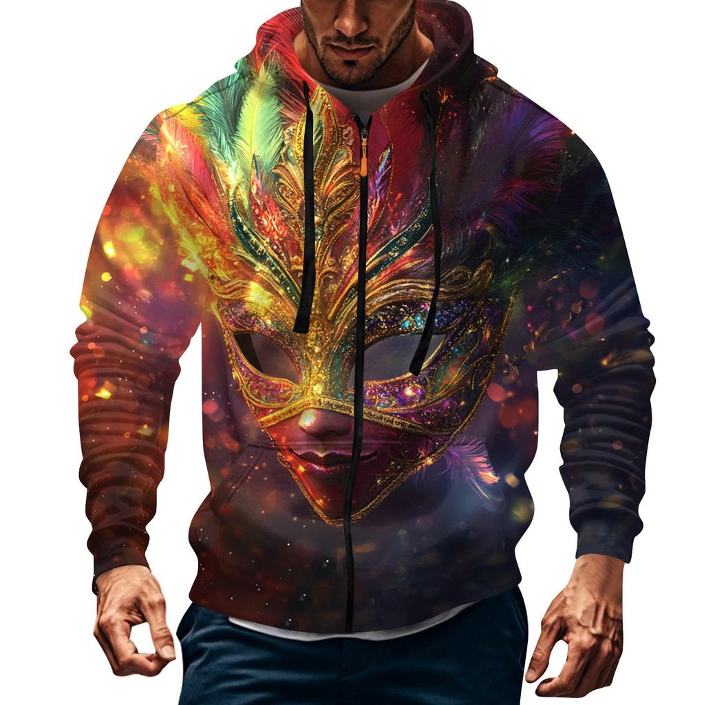Men's Sports Casual Fleece Hoodie Carnival Print Hoodie Cardigan Zipper Multi-pocket Hoodie Coat