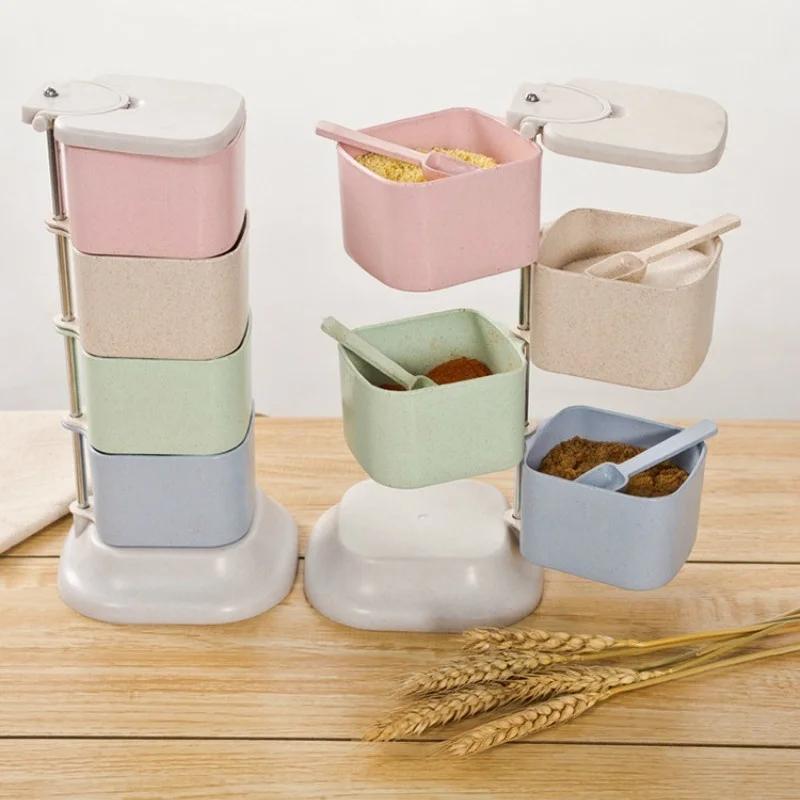 Kitchen Solid Seasoning Box Wheat Straw Four Grids Can Be Rotated Vertical with Spoon Seasoning Box