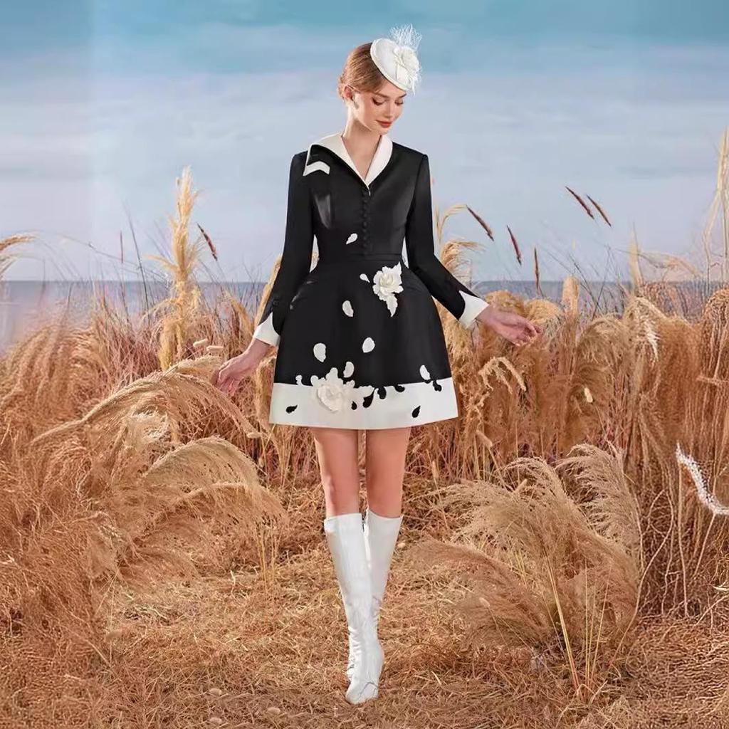 Vietnamese Embroidered Black & White Asymmetrical Neckline Dress 22289