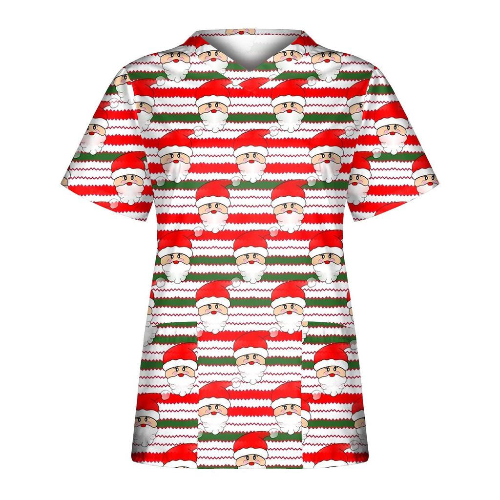 Women's Chirstmas Printing Short Sleeve V-neck Tops Working  Pocket Blouse