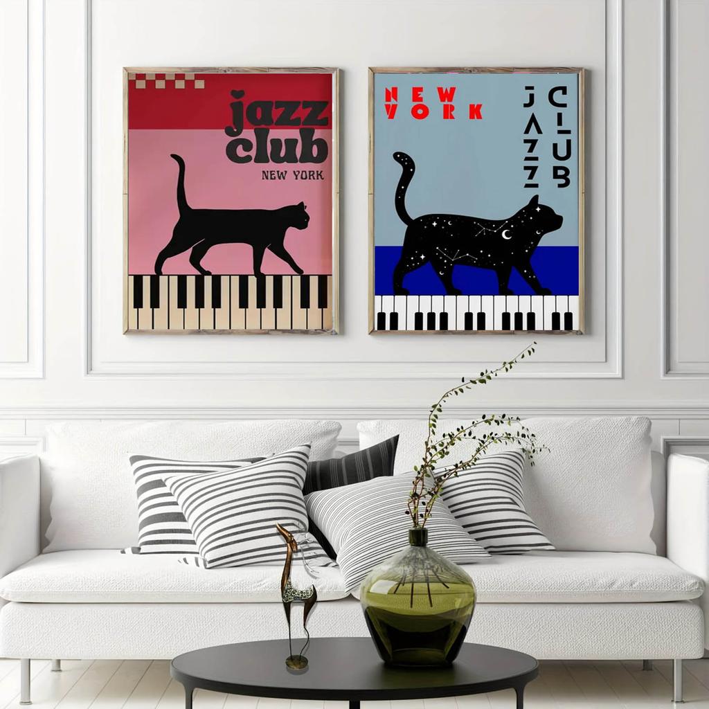 Black Cat with Piano Canvas Art Poster Fortune Cat Simple Canvas Painting Wall Art for Bedroom Living Room Home Office