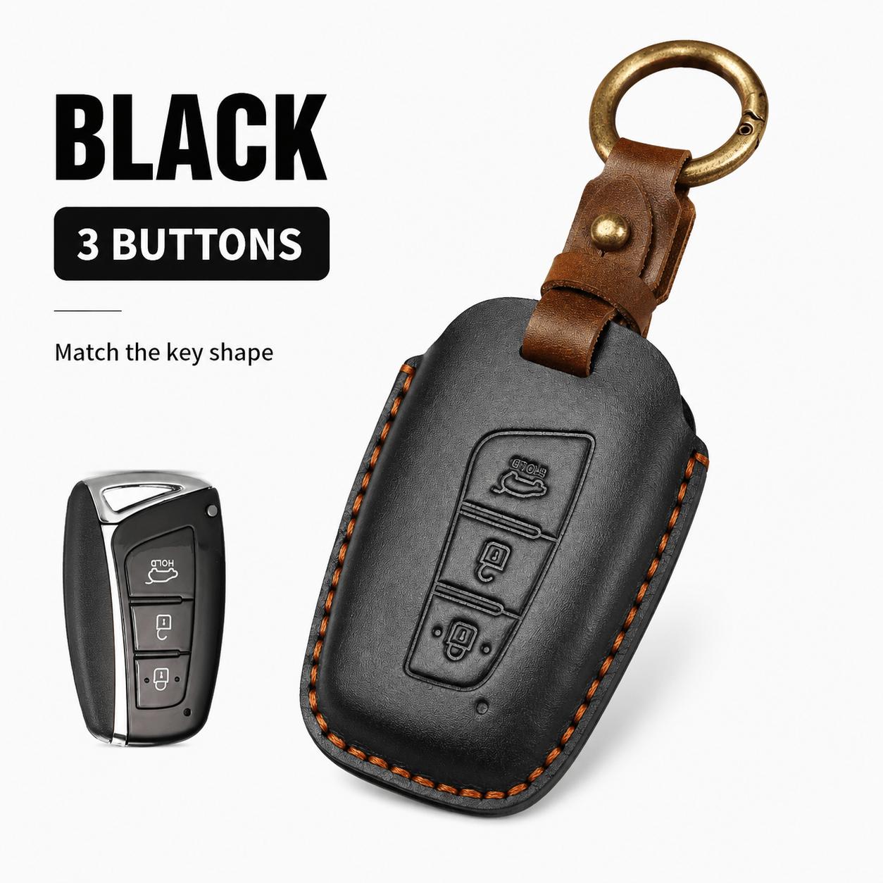 Black Leather Key Case for Hyundai 3/4 Button Smart Key (Black,3 Buttons) чёрный