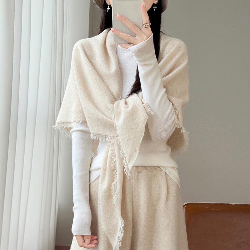 2026 Autumn/Winter Women's Pure Wool Tassel Knit Shawl – Soft, Warm, Solid Triangle Scarf