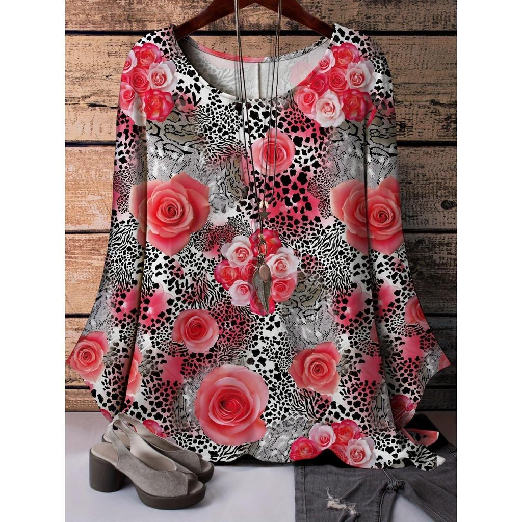 Summer Round Neck 3D Flower Pattern Print Top Fashionable Casual Short Sleeved Women's T-shirts