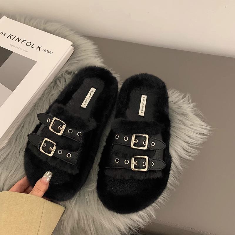 

Модные пушистые тапочки на толстой подошве, женские, 2024, новые односложные пушистые хлопковые туфли, которые можно носить осенью и зимой 40 чёрный