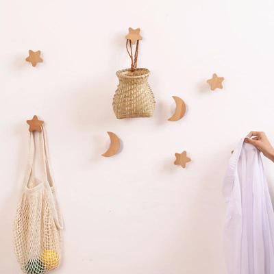 Nordic Solid Wood Punch-Free Wall Hook - Star & Moon Design for Coats and Hats.