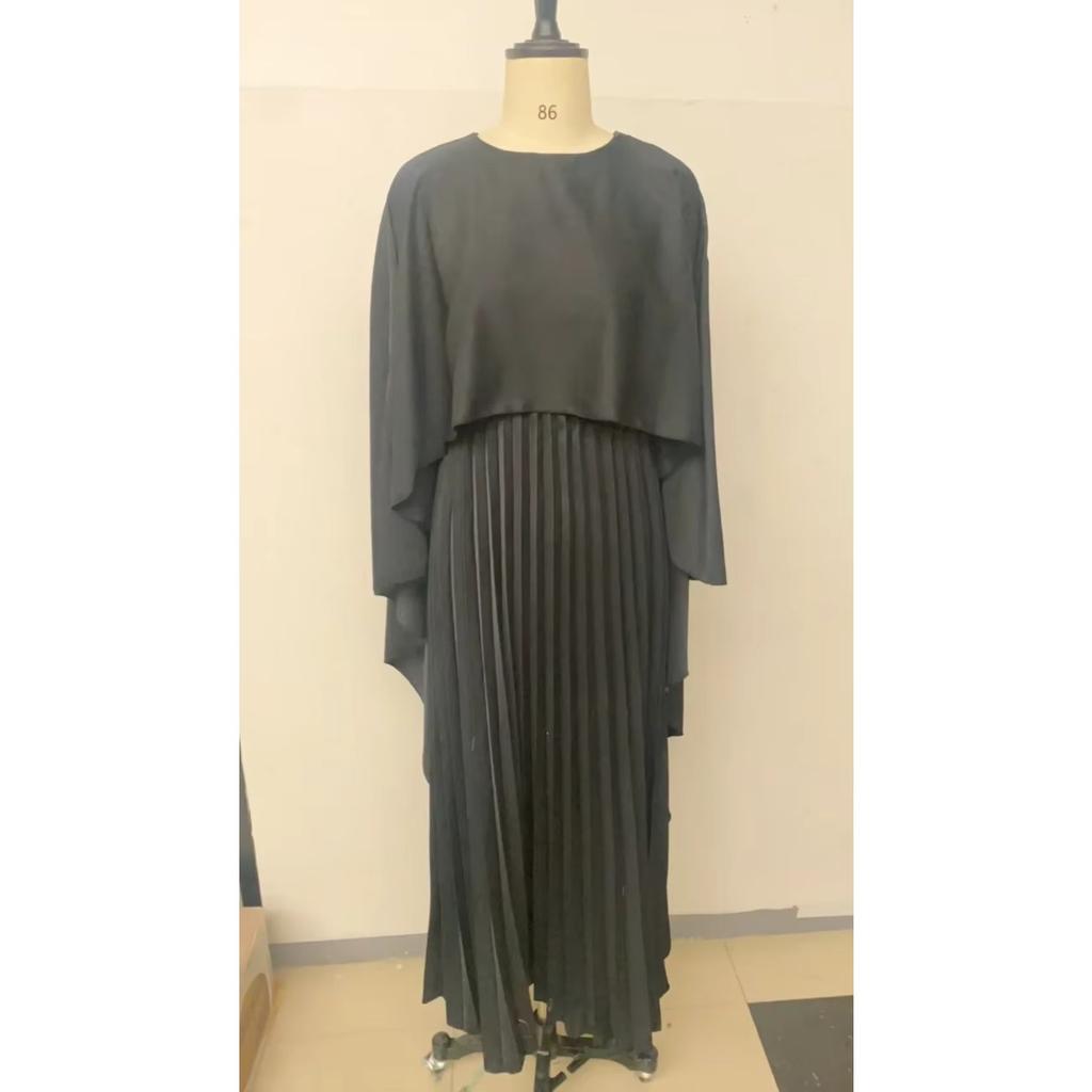 Spring Summer Elegant Crew Neck Pleated Dresses Women Casual Solid Loose Long Dress Cloak Sleeves Ruffle Maxi Dress Vestidos