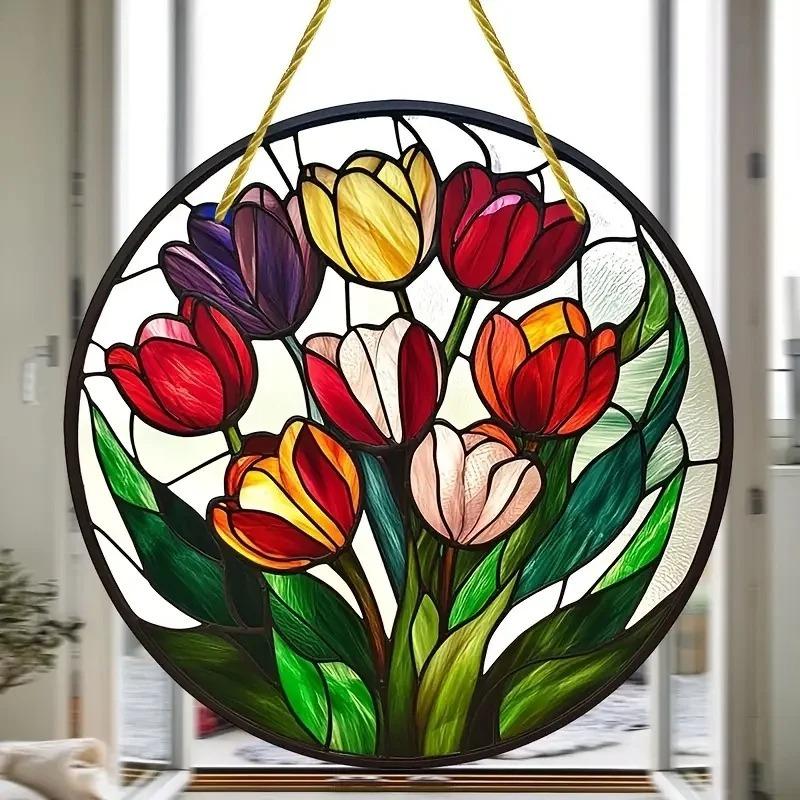 2D Flat Plants Flowers Round Acrylic Decoration Sign, Tulip, Home Decor Plaque Hanging Wall Art Decorative Garden Decoration for Room Door Signs Hangi