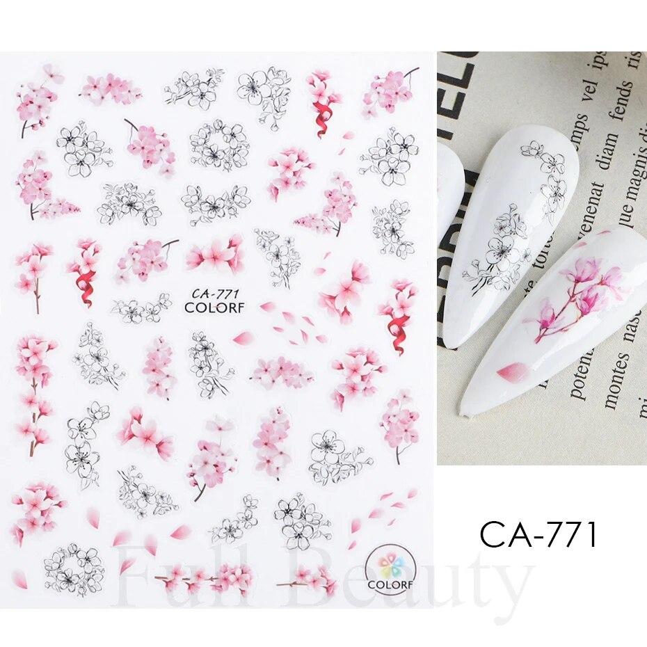 3D Nail Stickers Flowers Pink Purple Blossom Florals Leaves Decals Nail Art Adhesive Sliders Charms Manicure Decorations TRCA769