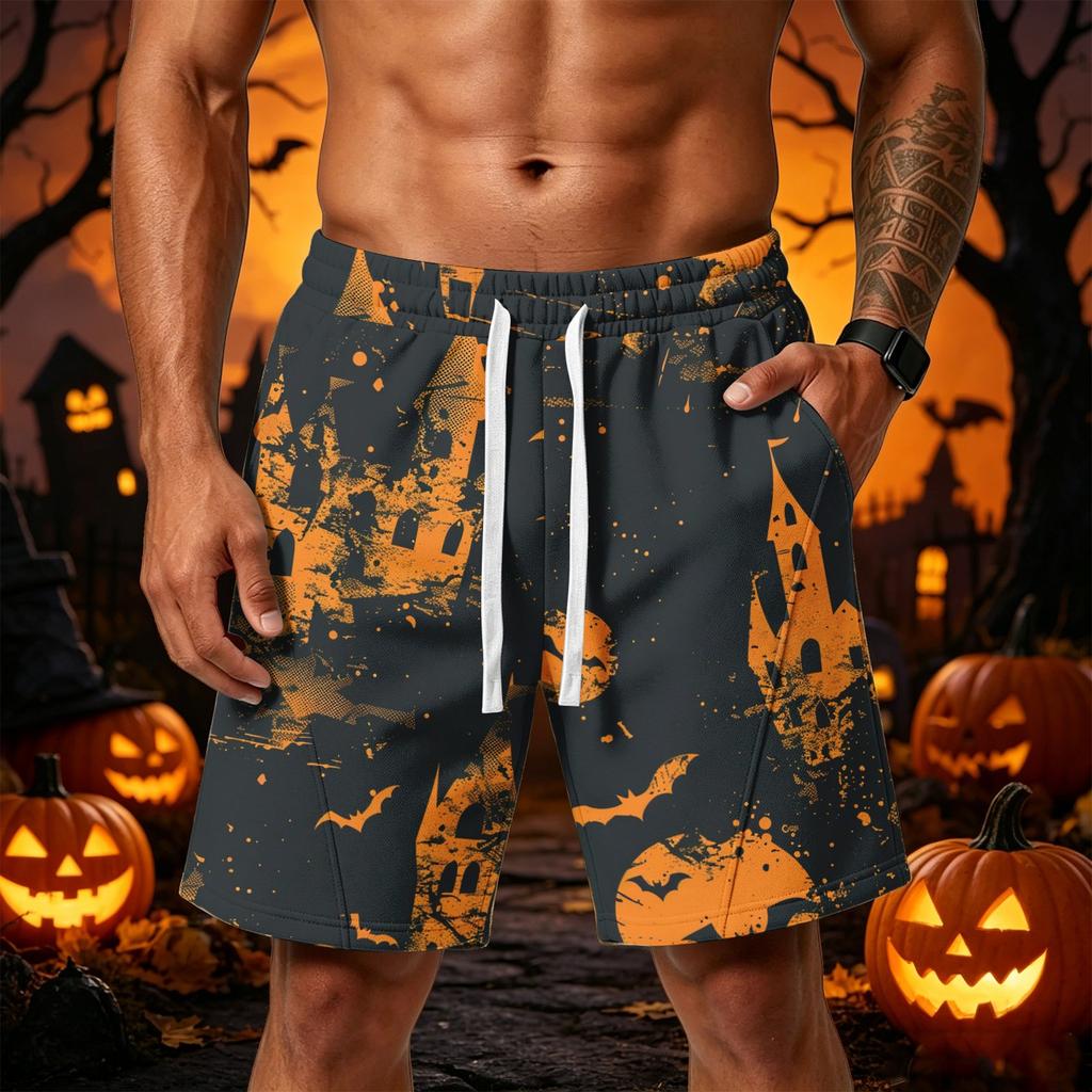 Men Loose Fit Halloween Themed Shorts with Pockets Drawstring Waist Athletic Casual Shorts for Sports and Wear