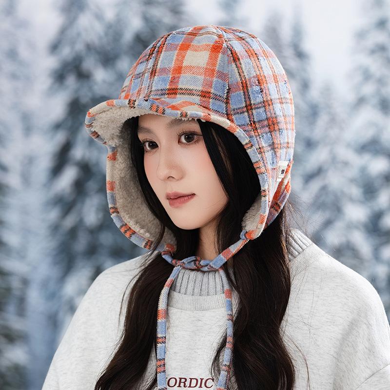 Retro Color blocking Plus Velvet Leeve Hat Japanese Windproof and Warm Hat Women's Outdoor Riding Casual Ear Protection Hat