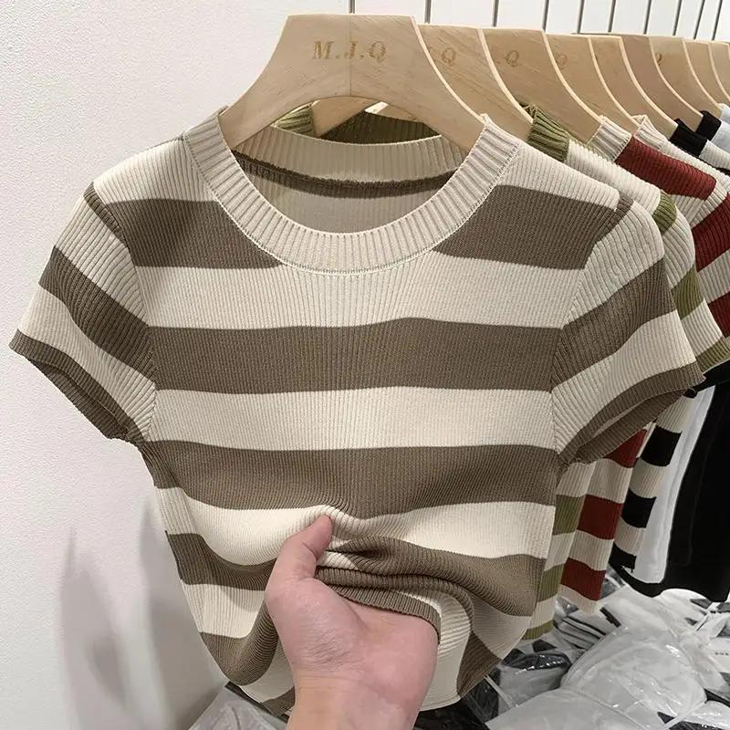Fashion Women Short Striped Bottoming T-shirt Summer New Casual Short Sleeve Knitted Tops