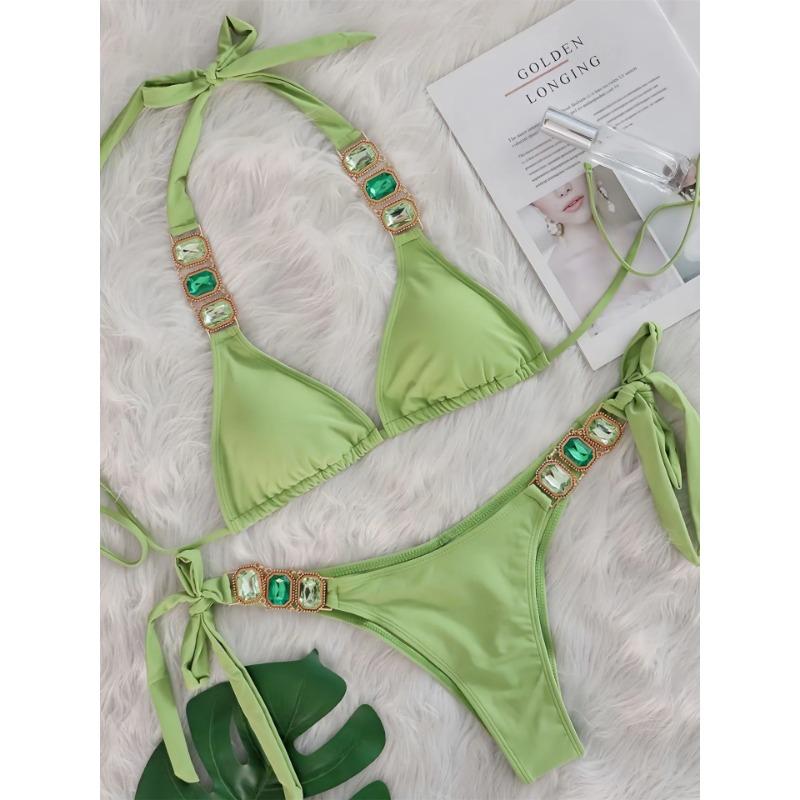 

Сексуальный комплект бикини со стразами Женский 2025 Роскошный розовый с кристаллами и бриллиантами Пуш-ап Бандажный купальник стринги Пляжный купальник Купальник L светло-зеленый