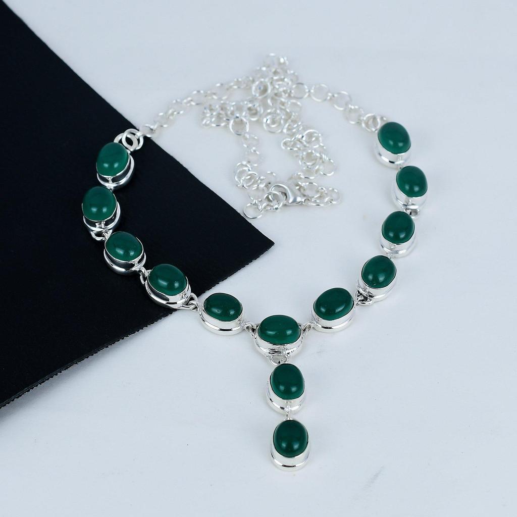 Naturalny zielony onyks kamień szlachetny ręcznie robiony naszyjnik ze srebra próby 925, zielony onyks srebrny naszyjnik dla żony, naszyjnik unisex, prezent urodzinowy