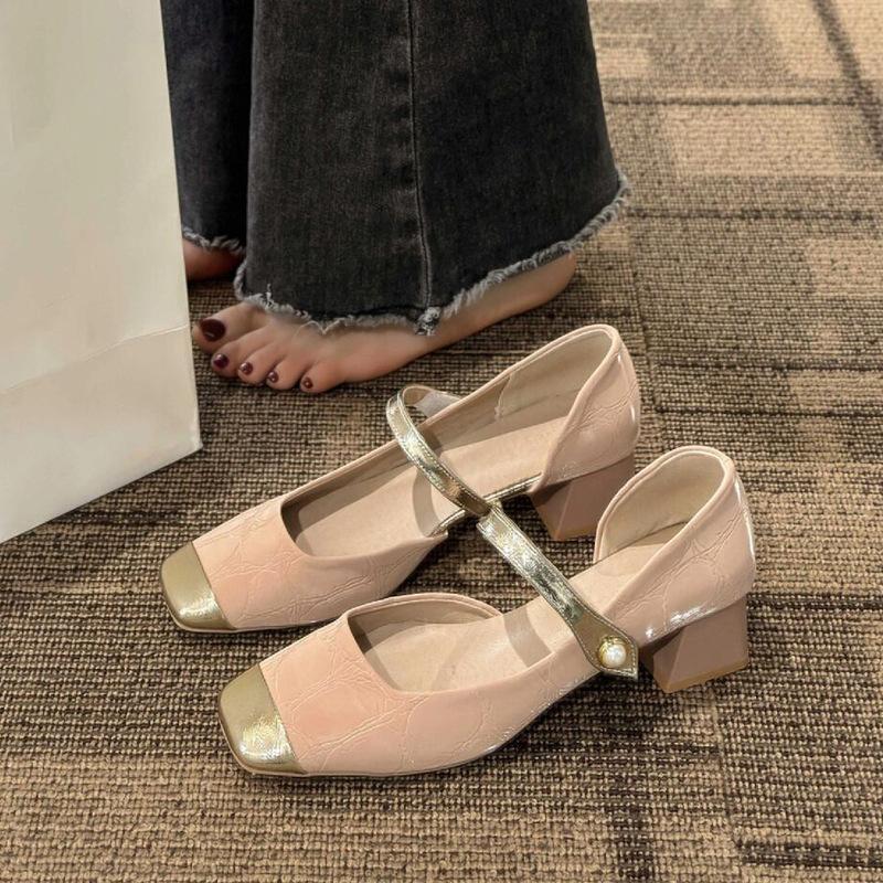 

Туфли Мэри Джейн толстый каблук высокий каблук боковые вырезы квадратный носок одинарные туфли женские 2025 новые вечерние туфли летние сандалии 35 розовый