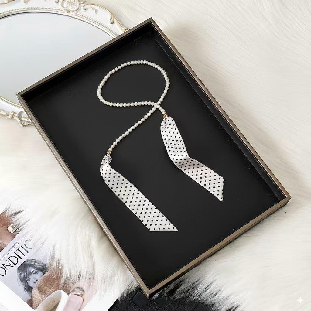 Korean Retro Polka Dot Silk Scarf & Pearl Necklace Clavicle Accessory