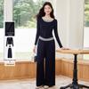 FivePlus Women's Two-Piece Set: Layered Striped Long Sleeve Top and Wide Leg Trousers
