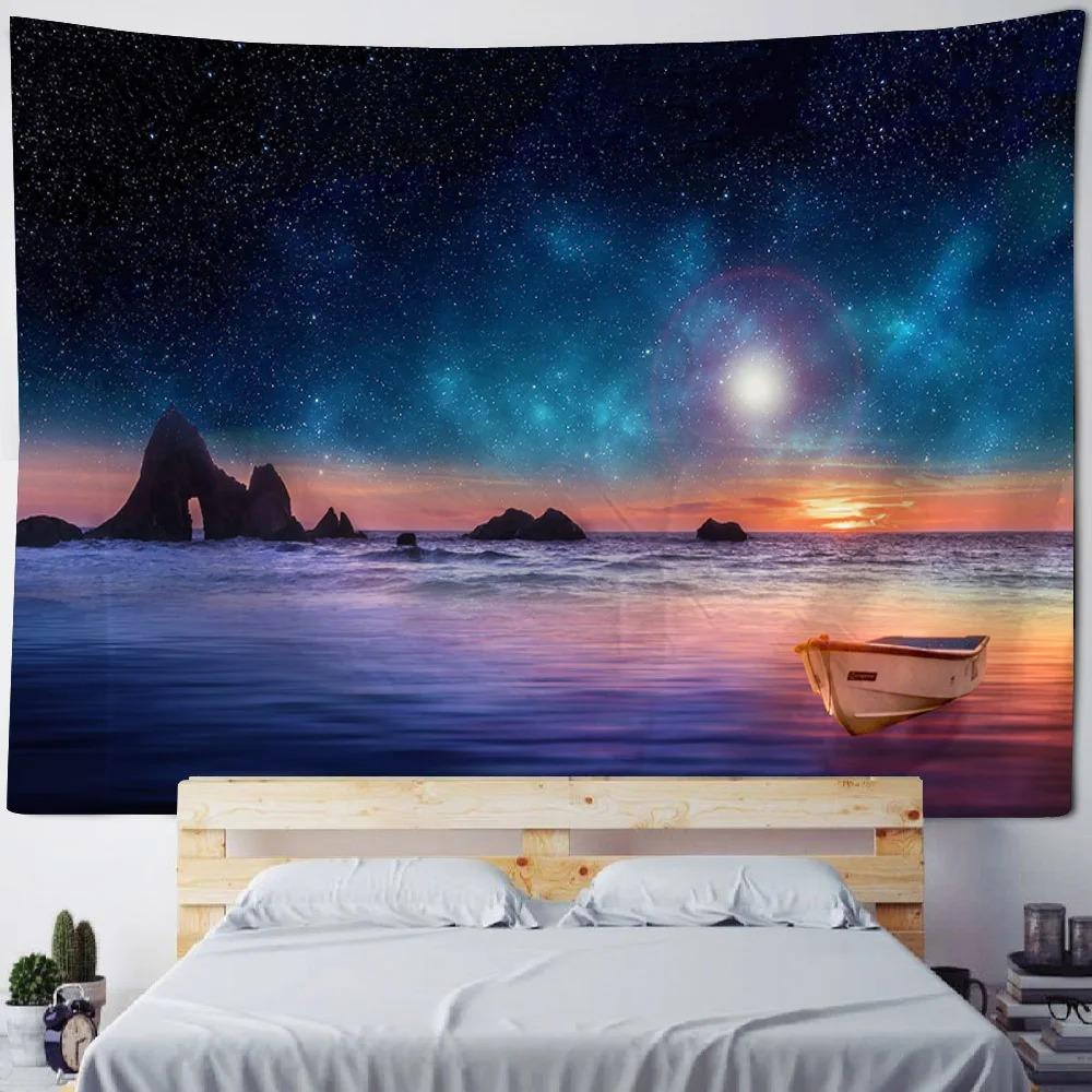 Living room bedroom decoration background poster starry sky coconut tree tapestry wall hanging sofa blanket dreamy sea