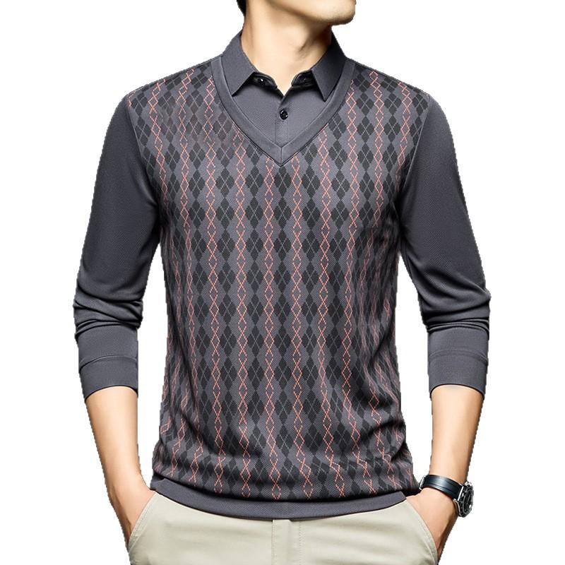 Men's Long Sleeve Rhombus Print Lapel T-shirt - Fake Two-Piece Casual Top