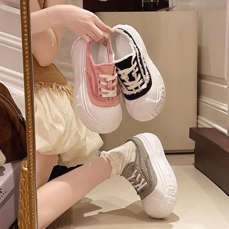 Denim Big Head Bread Shoes Muffin Thick-soled Bag Head Half Slippers Women Wear Small Height Increase Casual Half Slippers