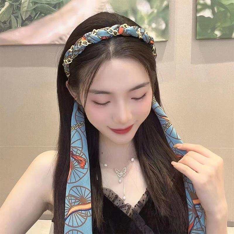 Langes Haarband mit Kette, eleganter Pferdeschwanzhalter, Stoff, Seidenschal, Stirnband, Haarschmuck für Frauen und Mädchen, bedrucktes Haarband
