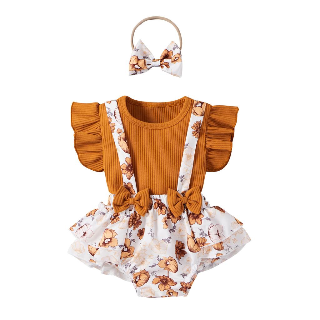 Toddler Baby Girls Solid Tops+Sunflower Floral Printed Suspender Shorts Outfits
