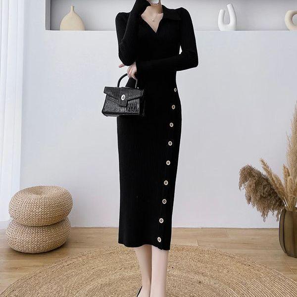 GMXIA Dress Fall Winter Waist Mid-length Wrap Hip Skirt with A Base Tight Knit Dress