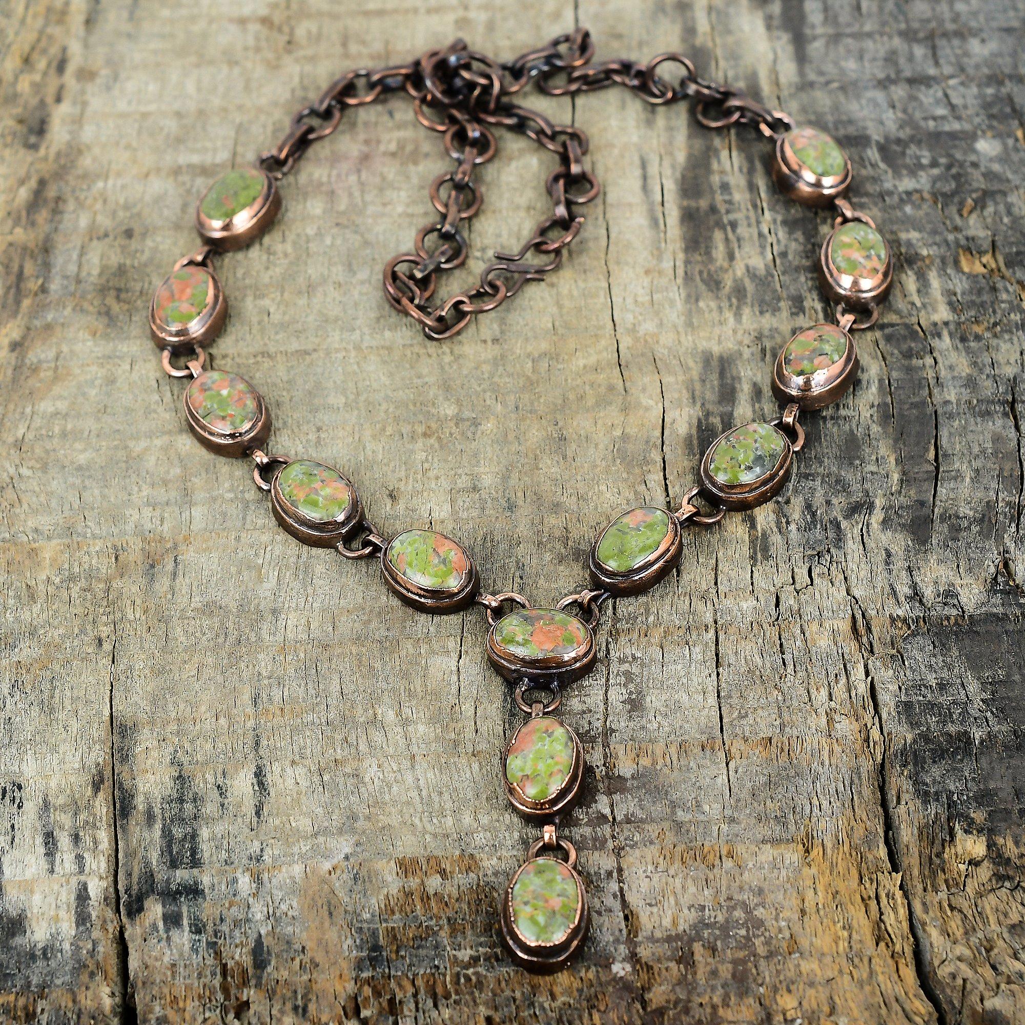 

Унакитовый кулон омедненный электроформовкой регулируемый кулон-цепочка из драгоценного камня медные украшения подарки на годовщину ожерелье ручной работы дизайнерские украшения Adjustable