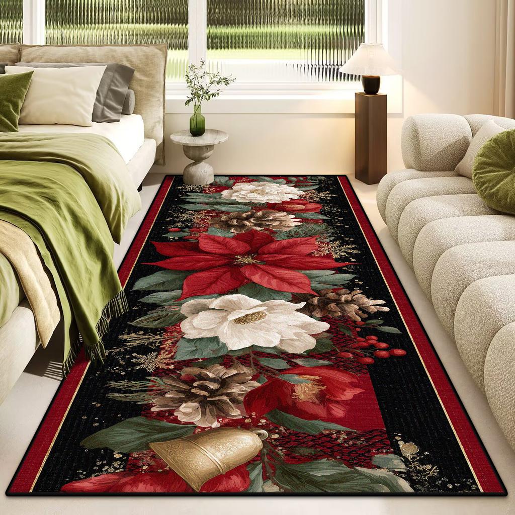Merry Christmas Poinsettia Plaid Kitchen Rug Lliving Room Entrance Non-slip Door Mat Balcony Bath Floor Mat Christmas Decoration