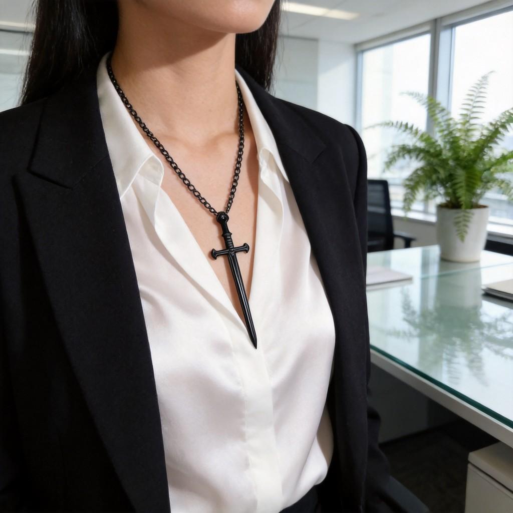 Gothic Black Long Sword Pendant With Cross Chain For Women
