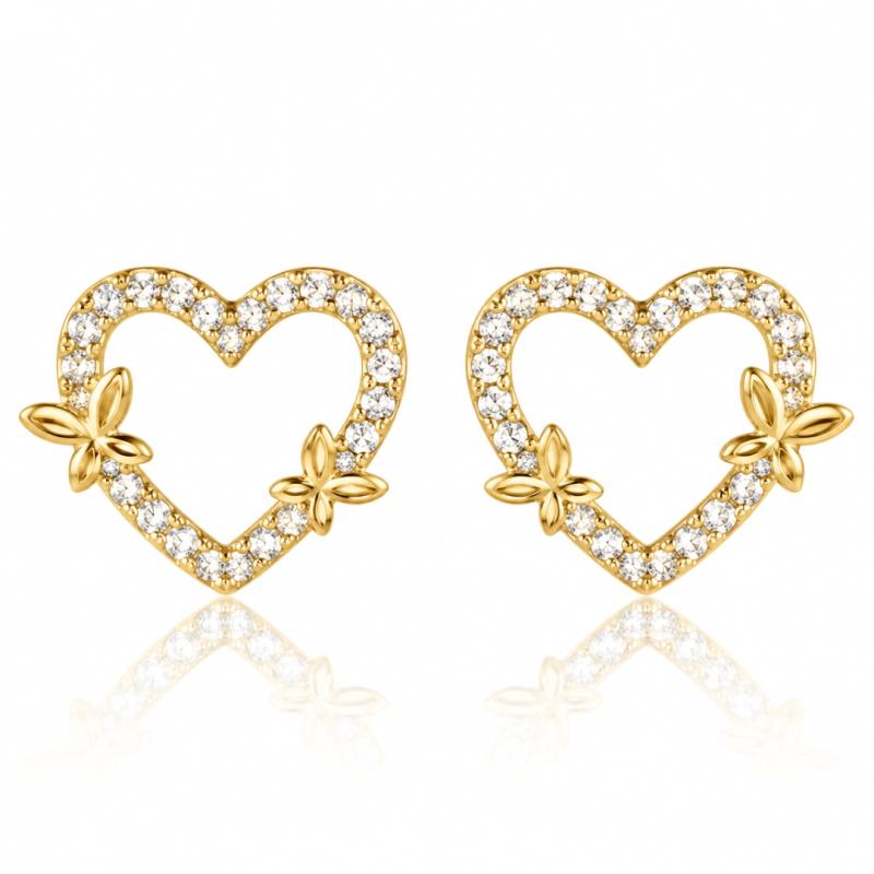 14K Gold Plated Stainless Steel Earrings, Hearts and Butterflies, Cubic Zirconia Kst3579
