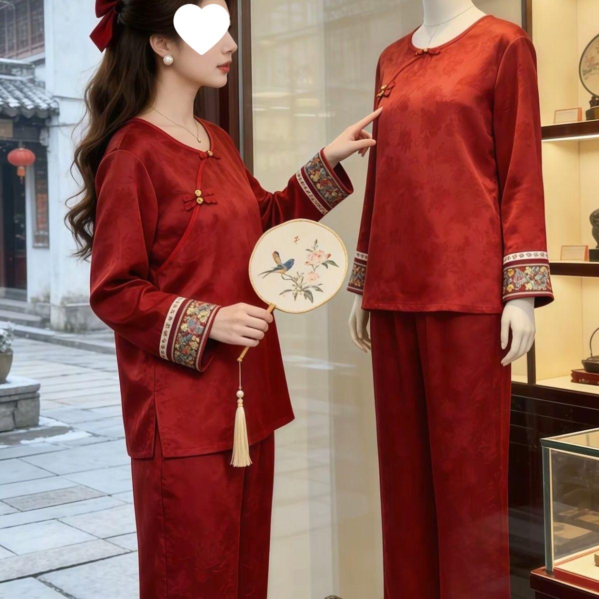 

Women s Red Ice Silk Pajamas: Long-Sleeve, Embroidered, Chinese Style, Thin, Plaid Design for Spring/Summer Home Wear. XL червоний