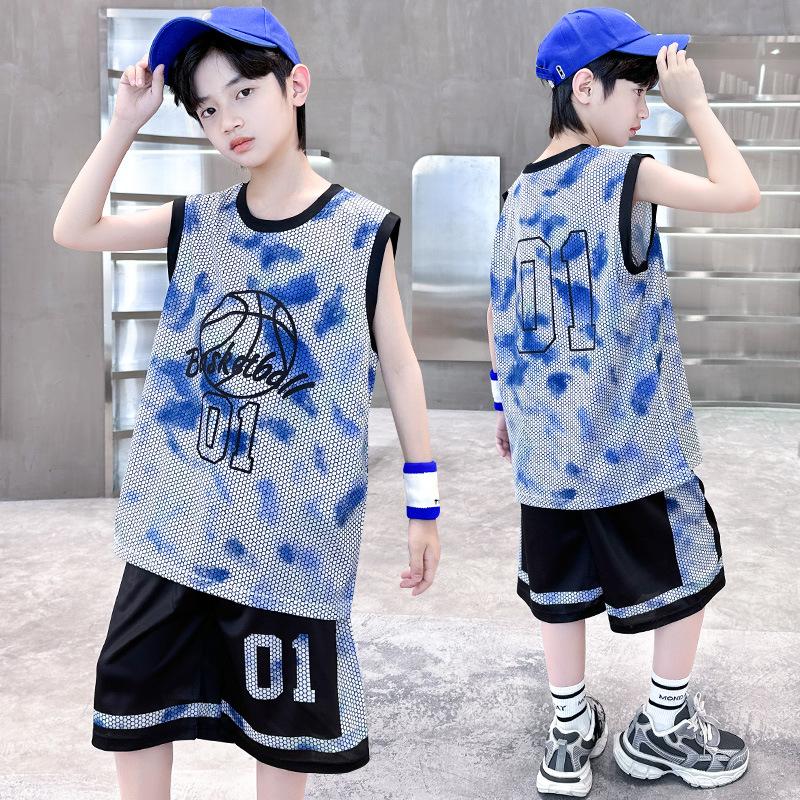 Boys Summer Quick Dry Basketball Vest Suit 5-14 Years Fashion Sleeveless T-shirt + Shorts 2-piece Kids Thin Sports Set
