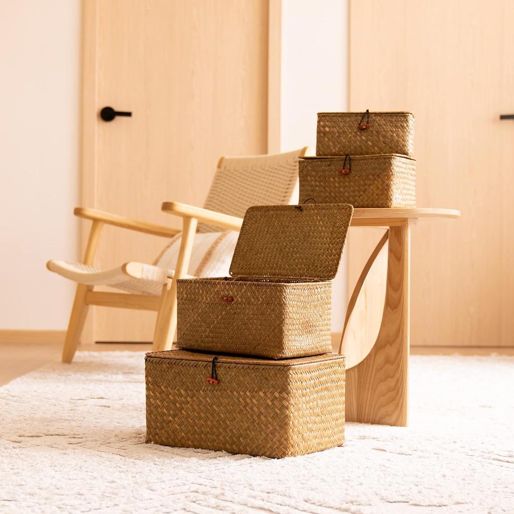 POPETPOP Suit Rattan Storage Basket with Lid, Seagrass Storage Basket, Rectangular Storage Basket, Bathroom Towel Basket, 26x16x10cm
